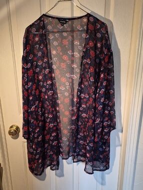 label BE 3/4 Sleeve Sheer Floral Kimono - Navy, Red